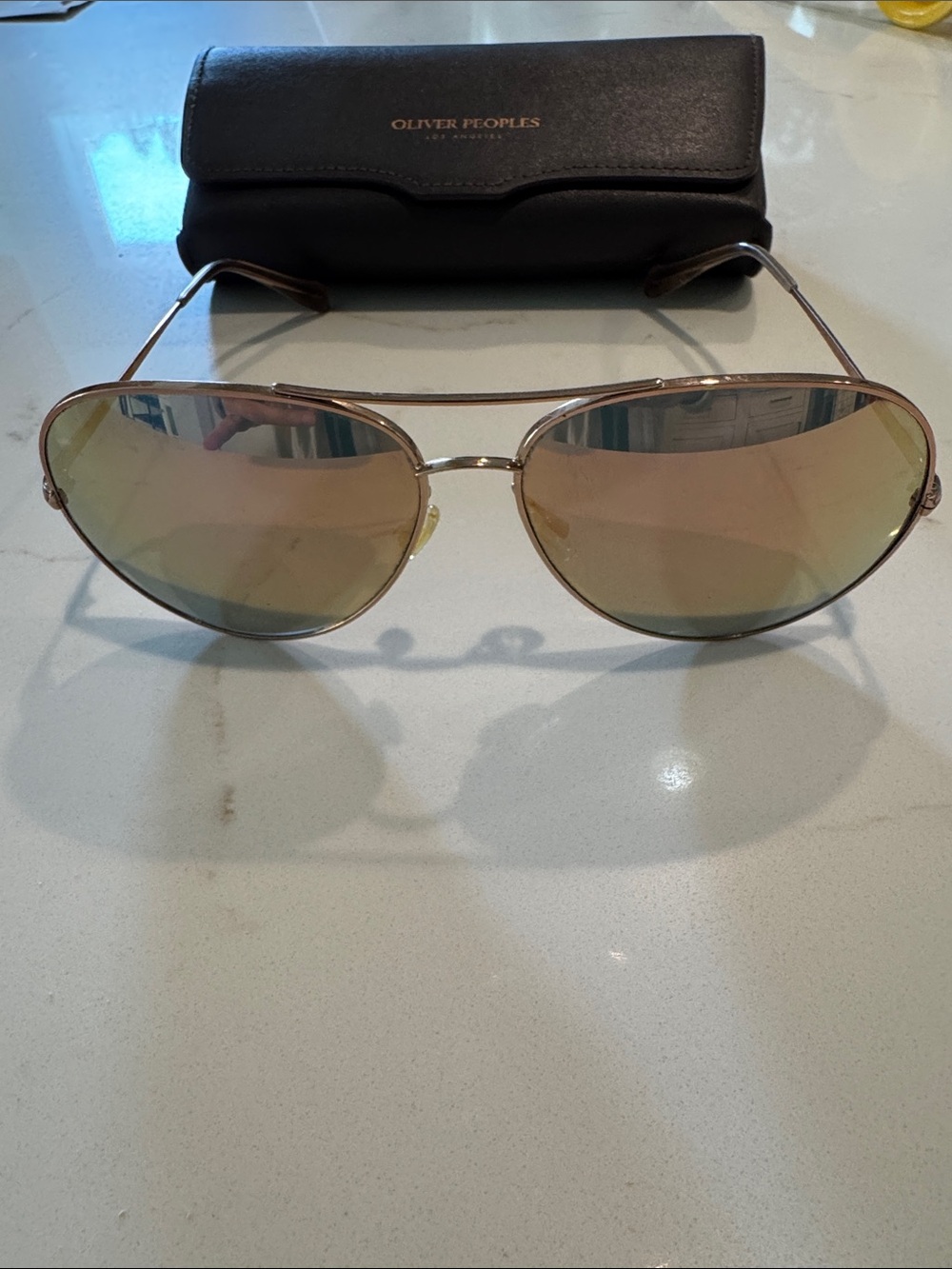Oliver Peoples Gold Aviator Sunglasses with Rose-Gold Mirrored Lenses